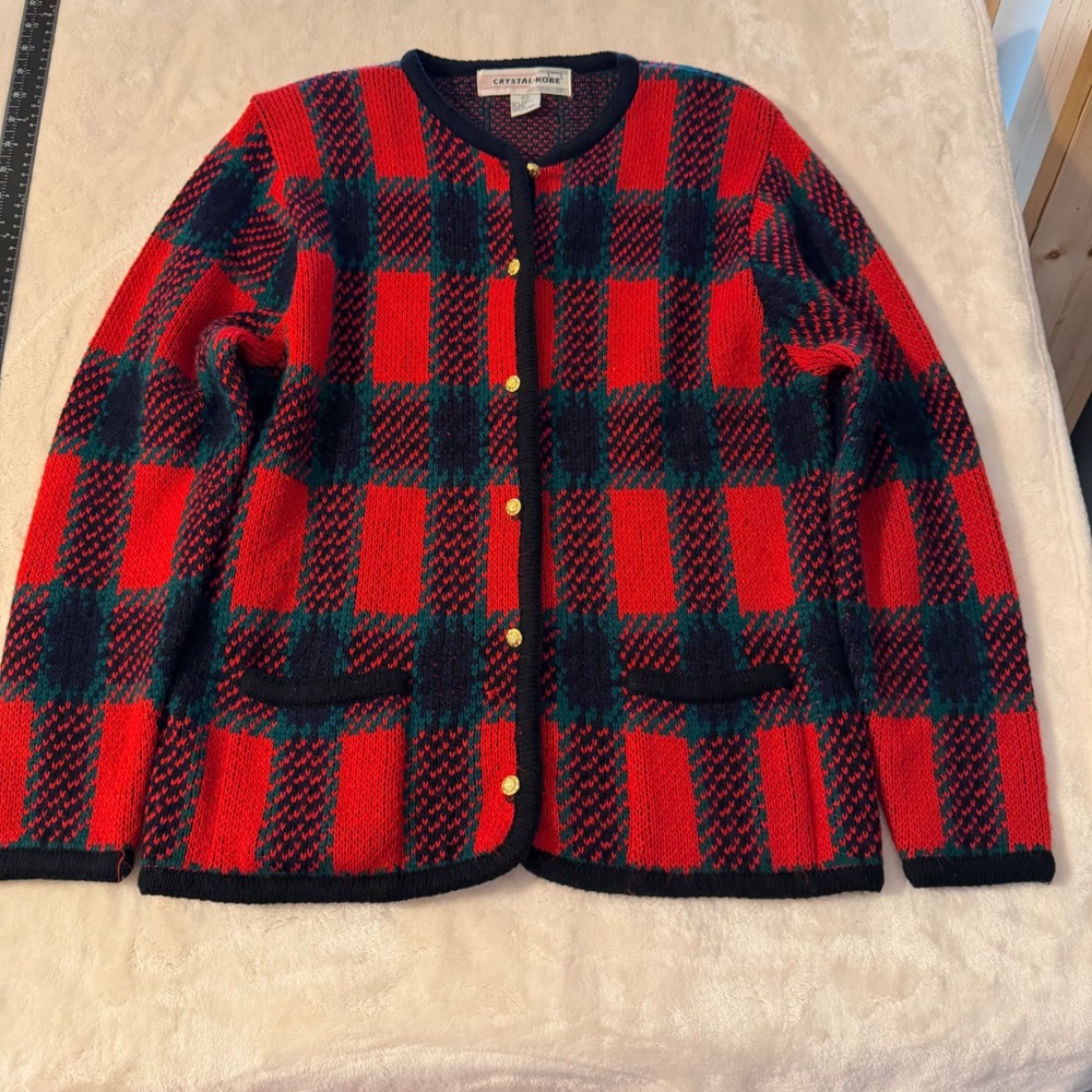 Crystal-Kobe Vintage Red Plaid Cardigan Sweater Gold Buttons Shoulder Pads S